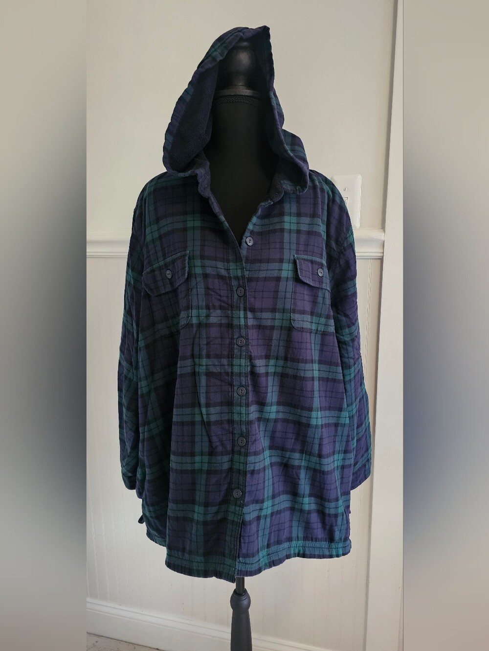 LL Bean Plaid Hooded Fleece-Kined Button-Up Shacket - Navy & Green 3X